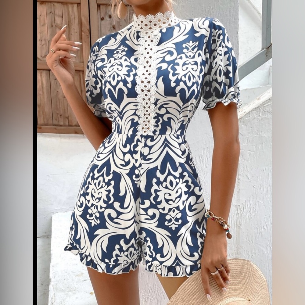 SHEIN ROMPER- white & blue size large
